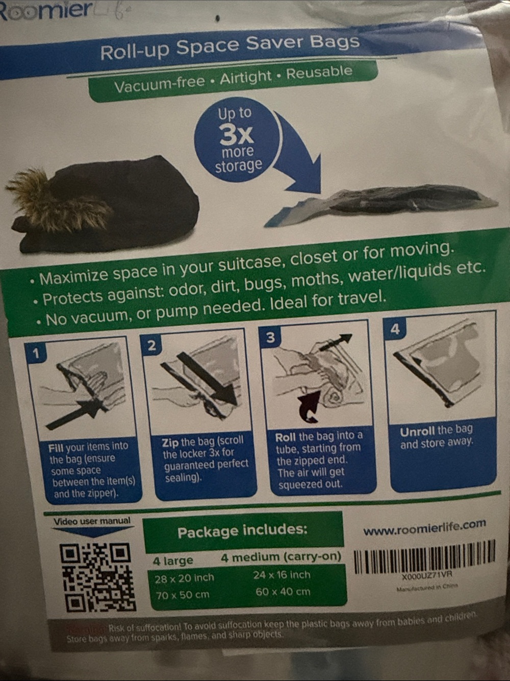 Clear Roll-Up Space Saver Bags - 4 Large + 4 Medium